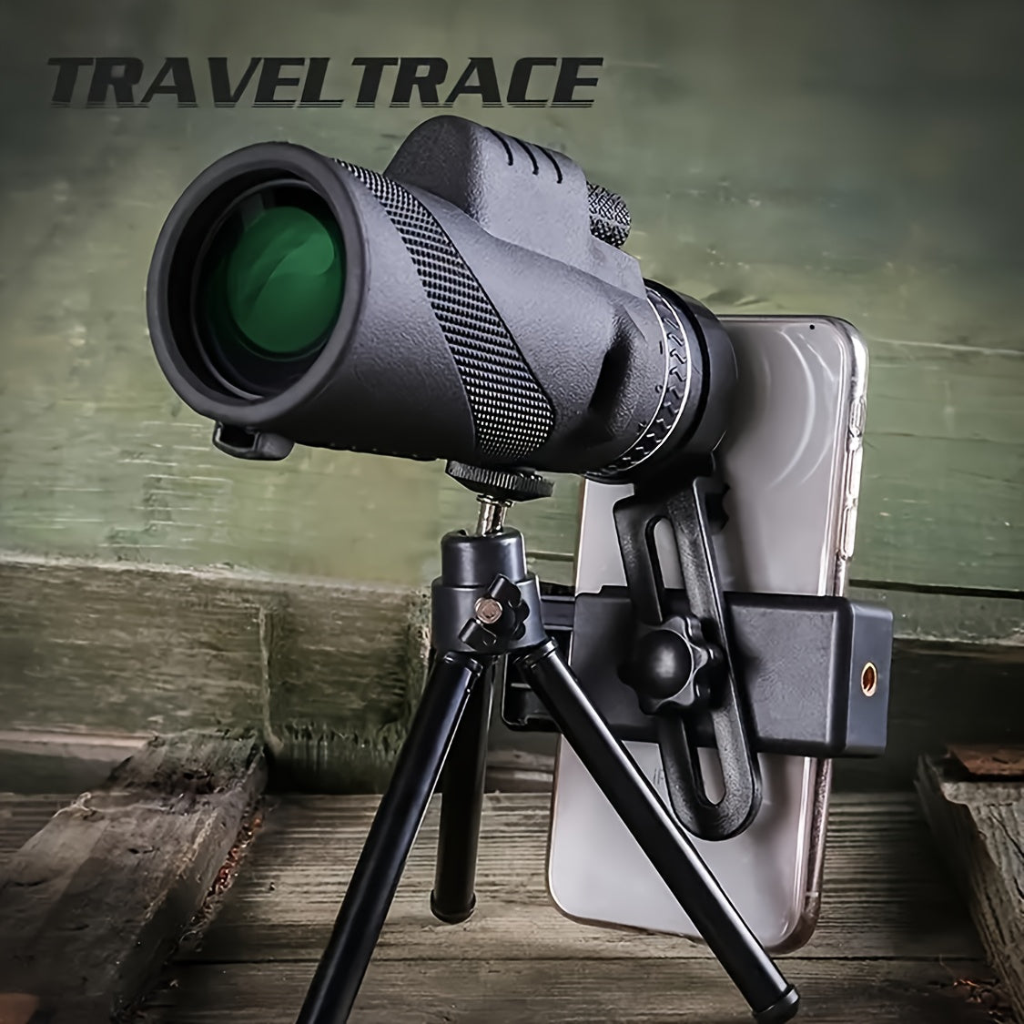 Monoculaire HD 10x42 avec adaptateur pour téléphone et trépied – Longue-vue compacte à lentilles FMC pour l'observation des oiseaux, la faune, la randonnée, le camping, les concerts et le sport – Noir et vert, cadeau de Noël