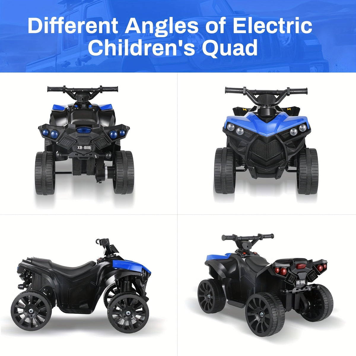 Quad électrique pour enfants avec phares, accélérateur à pédale, pneus tout-terrain antidérapants, capacité de 25 kg, vitesse de 3 km/h, jouet à enfourcher pour garçons et filles de 3 à 6 ans, cadeau d'anniversaire et de Noël, bleu, noir, rose, rouge