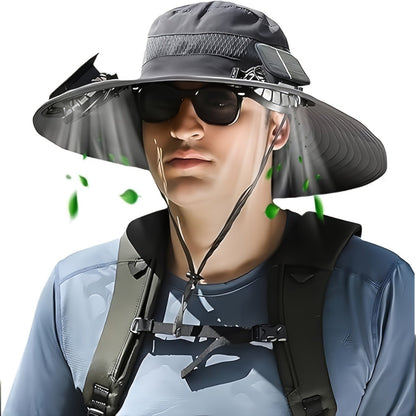 Chapeau de soleil avec ventilateur solaire pour hommes – Large bord anti-UV, ventilateur solaire intégré, taille unique – Idéal pour la pêche, la randonnée, la plage et les activités de plein air