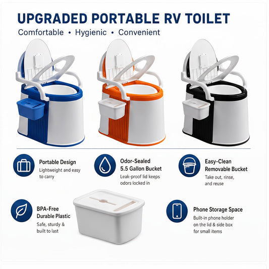 Toilette de camping portable avec dossier et accoudoirs – Seau amovible de 5 gallons, capacité de 350 lb, chaise percée légère pour VR, bateau et camping