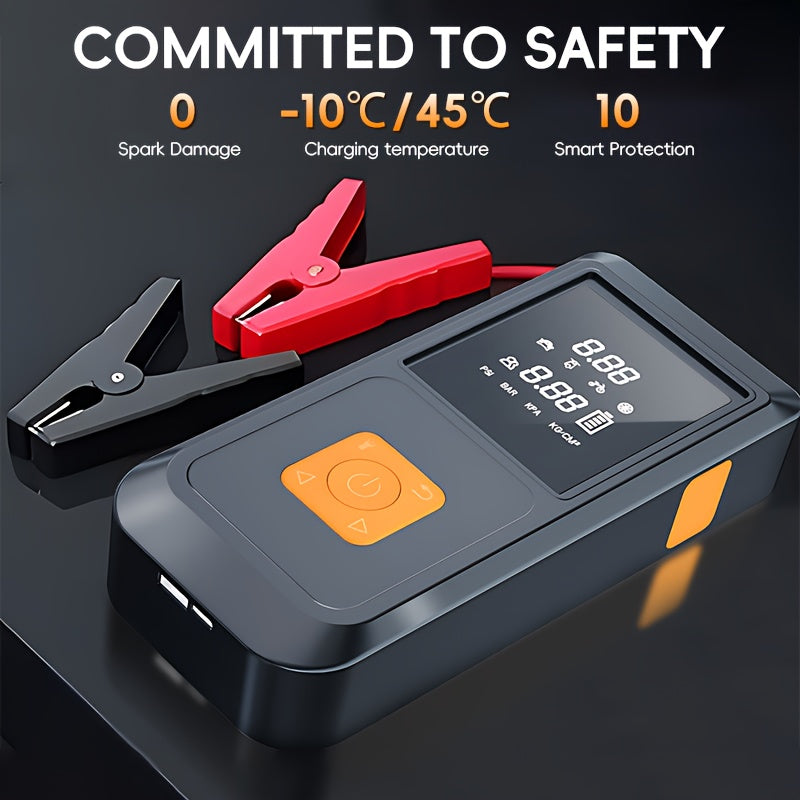 Démarreur de batterie portable 6000 mAh avec compresseur d'air 150 PSI, affichage numérique, charge USB-C, éclairage LED et double protection de sécurité pour voitures, camions et SUV - Kit d'urgence pour voyages et camping en plein air