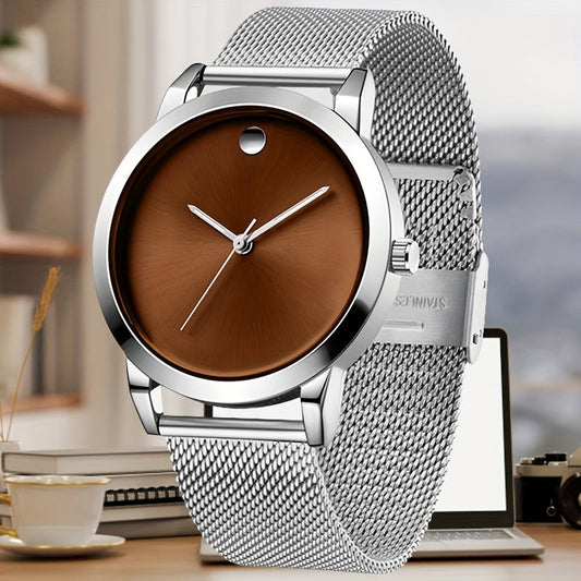 Montre à quartz minimaliste pour homme avec bracelet en acier inoxydable, cadran rond ultra-plat, style décontracté pour le quotidien, cadeau pour lui, argenté et marron