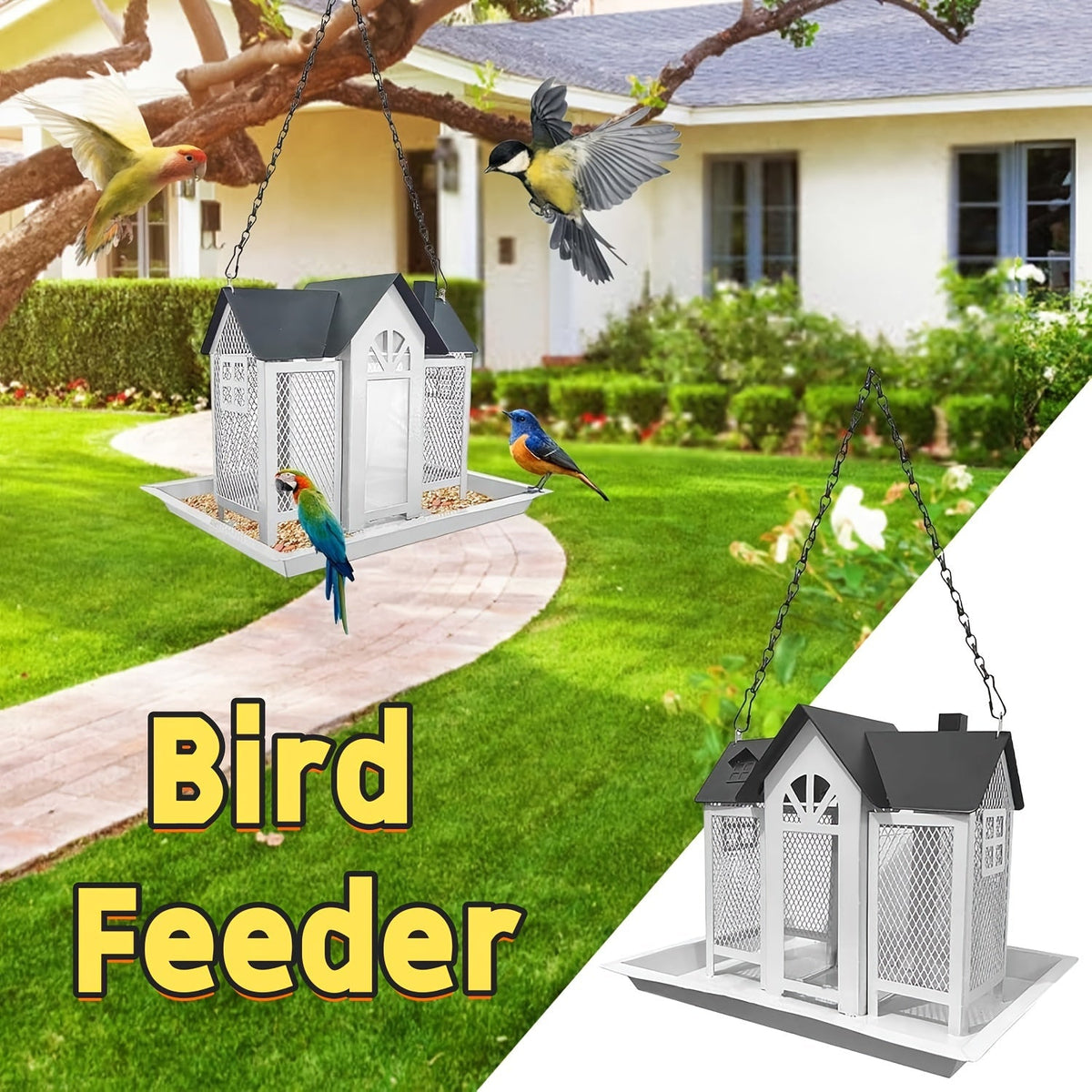 Mangeoire à oiseaux sauvage résistante aux écureuils pour extérieur – Mangeoire suspendue à grande capacité en maille métallique à 3 compartiments, résistante aux intempéries, pour cardinaux, pinsons et oiseaux de jardin, plusieurs couleurs