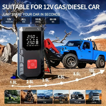 Démarreur de voiture 10000 A avec compresseur d'air 350 PSI, batterie de secours portable 9 en 1 avec lampe LED, charge rapide USB Type-C, gonfleur de pneus – Kit d'urgence pour voiture 12 V et cadeau