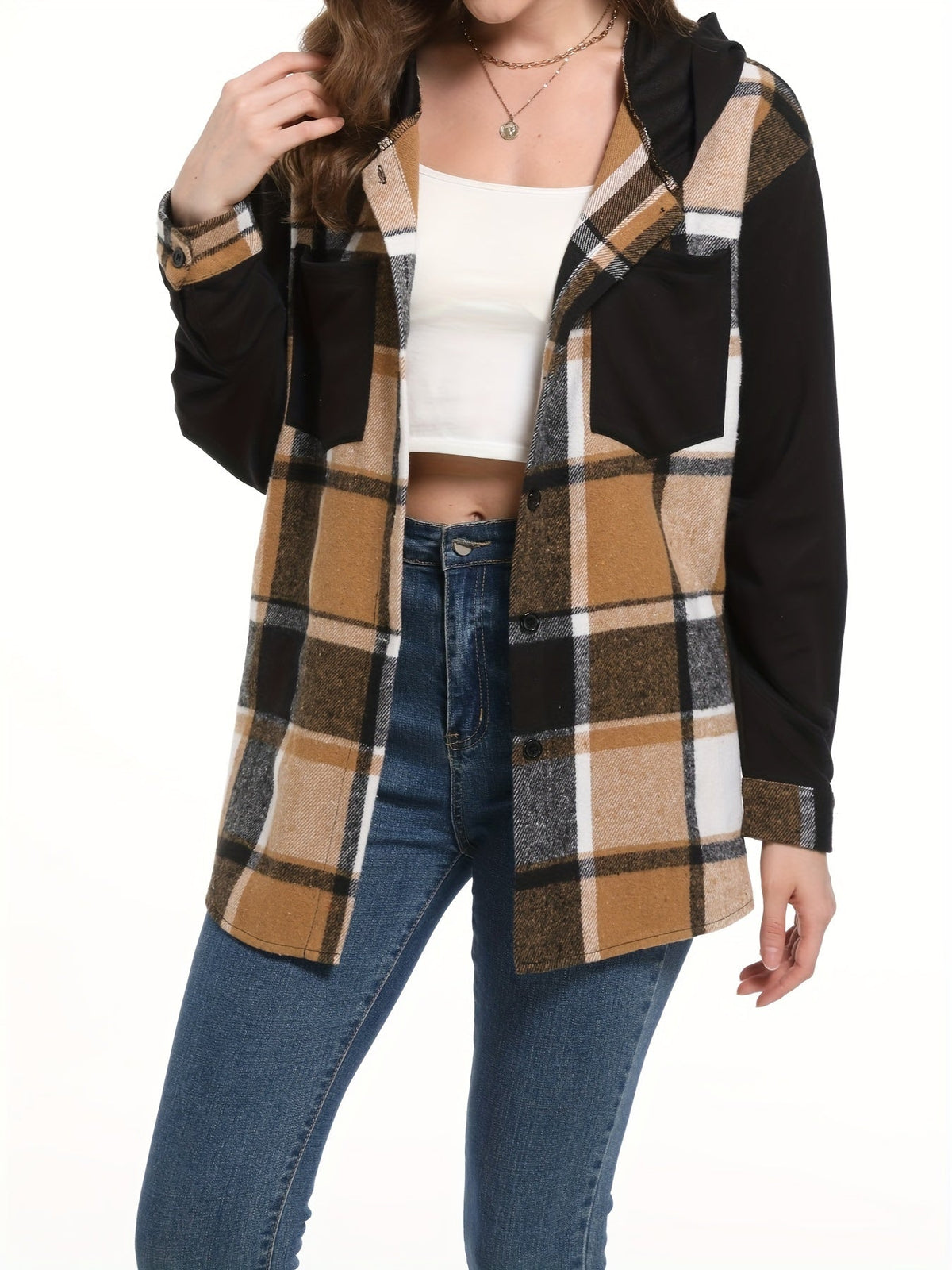 Veste à capuche à carreaux pour femme, épaules tombantes, poche plaquée tissée, vêtement d'extérieur décontracté, 100 % polyester, suédine, PU, noir et blanc, S, M, XXL