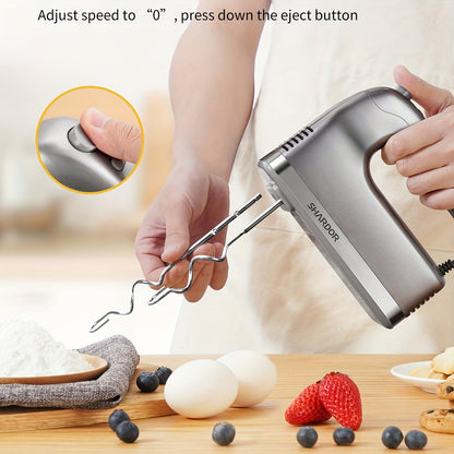 Batteur à main électrique 5 vitesses avec fonction turbo, coffret de rangement et 5 accessoires en acier inoxydable - 2 fouets, 2 crochets pétrisseurs, 1 fouet ballon, batteur à main de cuisine pour la pâtisserie, argenté