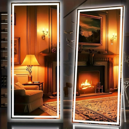 Miroir sur pied pleine longueur avec lumières LED - Sommet arqué et rectangulaire, cadre en aluminium, miroir habillage sur pied de 180 cm pour chambre et salon, noir or blanc, verre trempé de 5 mm