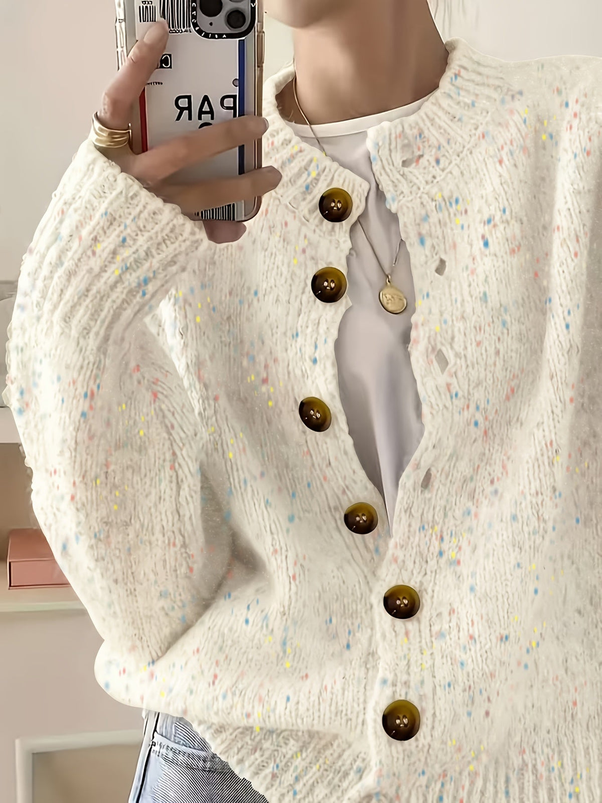 Cardigan décontracté pour femme à boutons, manches longues, col rond, maille colorée | Haut élégant et léger en tissu extensible à motif pois bonbon, tailles S M L XL