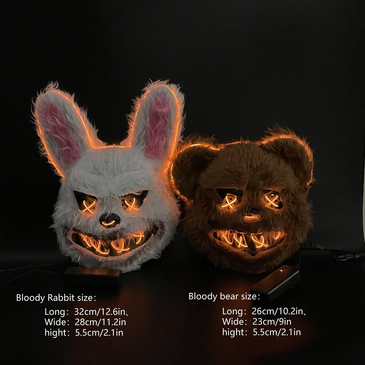 Masques d'horreur LED lumineux avec yeux éclairés – Masque de costume d'Halloween lapin sanglant et ours pour adultes et adolescents | Masque effrayant pour fêtes d'Halloween, maisons hantées et cosplay | 2 piles AA requises