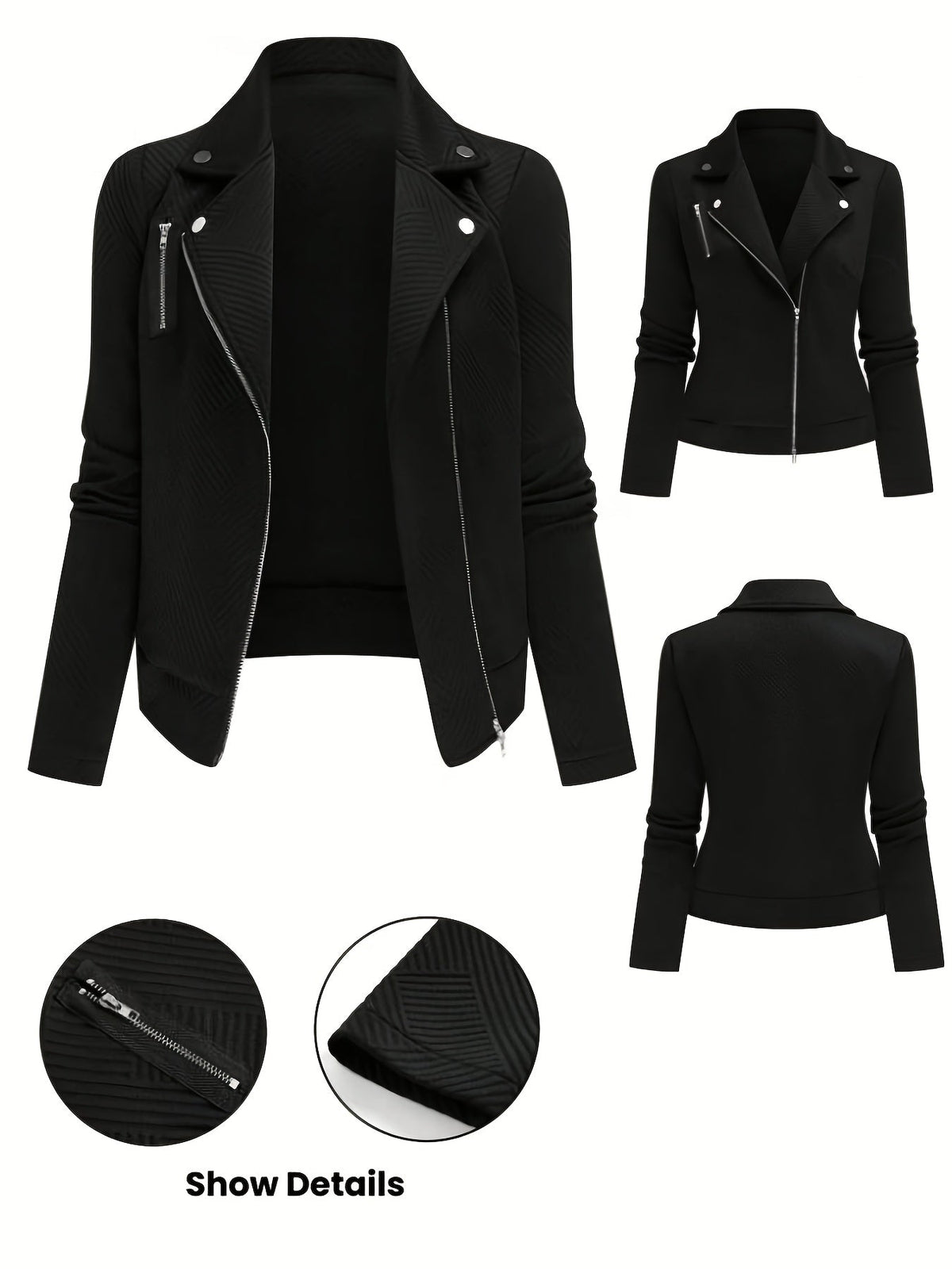 Veste de motard pour femme unie avec fermeture éclair et boutons à motif géométrique - Manteau de moto décontracté et élégant pour l'automne et l'hiver, idéal pour le quotidien ou un look streetwear