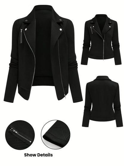 Veste de motard pour femme unie avec fermeture éclair et boutons à motif géométrique - Manteau de moto décontracté et élégant pour l'automne et l'hiver, idéal pour le quotidien ou un look streetwear