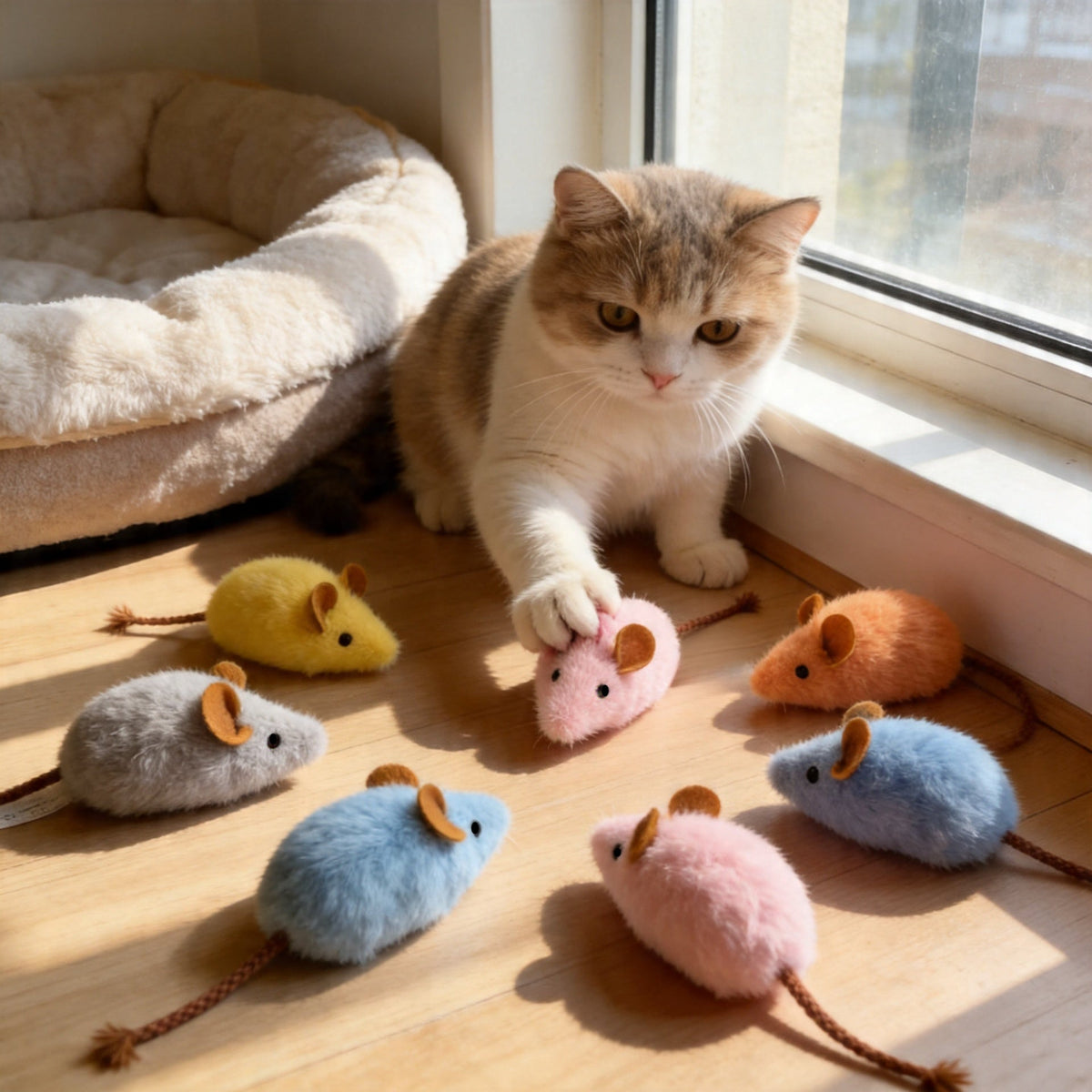 Lot de 3 jouets en peluche couineurs pour chat – Souris à longue queue et arête de poisson, jouets interactifs à mâcher type herbe à chat avec sifflet intégré, jouets durables pour le nettoyage des dents, sans pile, couleurs aléatoires