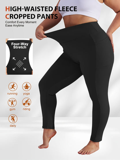 Pantalon de yoga grande taille pour femme avec poches – Legging chaud doublé en polaire taille haute pour l'automne et l'hiver, pantalon de sport moulant élastique, tailles 1XL-5XL en noir, gris, bordeaux et bleu marine