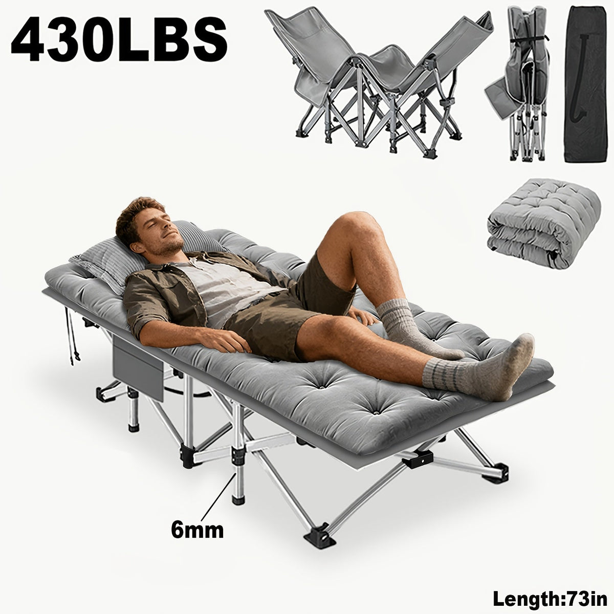 Lit pliant ultra-résistant supportant jusqu’à 285 kg avec matelas en option – Lit de camp portable avec pieds de support multiples, poches latérales et oreiller, lit d'appoint toutes saisons de 150 à 195 cm, peu encombrant