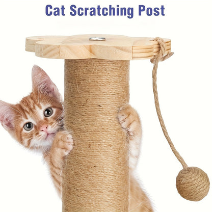 Arbre à chat en bois 5-en-1 avec griffoir pour chats d'intérieur, poteau en sisal, circuit à balles sur 2 niveaux, jouet interactif à plumes et balles suspendues, mobilier pour chatons et chats adultes