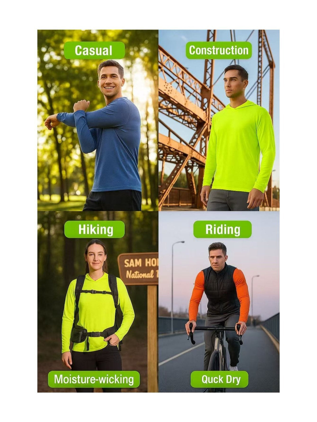 Lot de 3 sweats à capuche de protection solaire UPF 50+ pour homme, manches longues, évacuation de l'humidité, séchage rapide, respirant, t-shirt de performance pour randonnée, pêche, course à pied – Tailles S à XXXL, jaune fluorescent