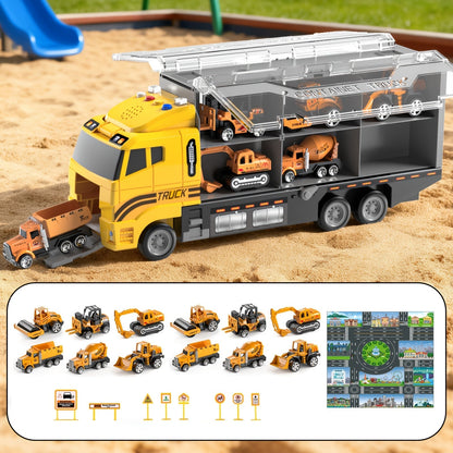 Ensemble de 13 véhicules de chantier avec camions moulés sous pression, tapis de jeu et transporteur – Coffret de jeu pour enfants de 3 ans et plus, cadeau idéal pour Noël et les anniversaires