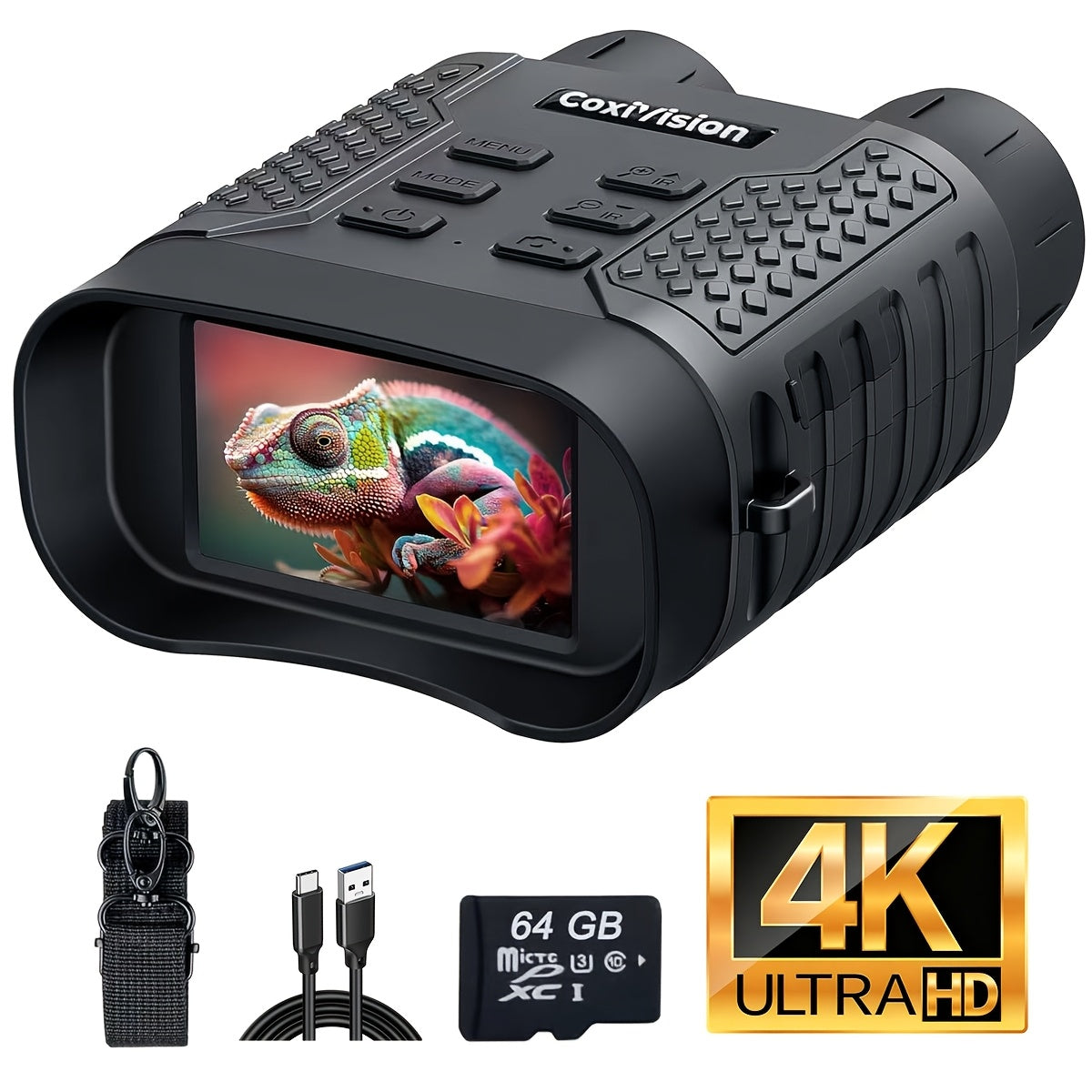 Jumelles de vision nocturne 4K pour adultes, appareil photo 48 MP, écran 3,1 pouces, batterie rechargeable 4400 mAh, réglage IR à 7 niveaux, vision dans l'obscurité totale, vidéo 4K, carte 64 Go pour la chasse, la sécurité et le camping, 25 mm 50 mm