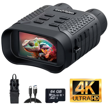 Jumelles de vision nocturne 4K pour adultes, appareil photo 48 MP, écran 3,1 pouces, batterie rechargeable 4400 mAh, réglage IR à 7 niveaux, vision dans l'obscurité totale, vidéo 4K, carte 64 Go pour la chasse, la sécurité et le camping, 25 mm 50 mm