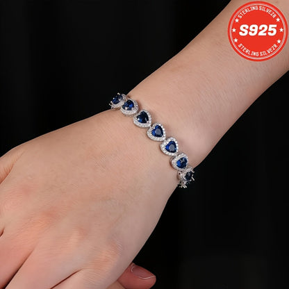 Bracelet pour femme en argent sterling S925, cœur bleu en moissanite complète – Style élégant et luxueux, cadeau idéal pour une sœur, une mère, un anniversaire, la Saint-Valentin et Noël