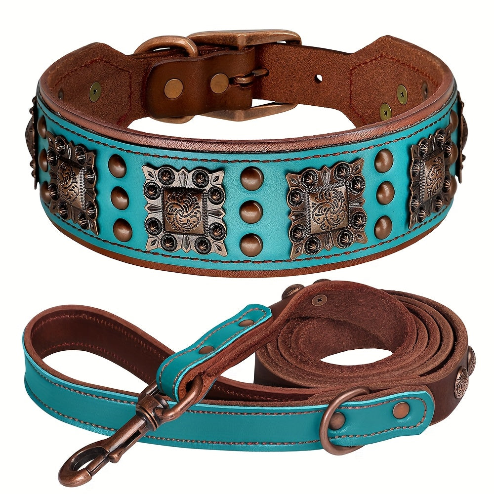 Heavy Duty Studded Leather Dog Collar for Medium and Large Dogs - Durable Real Leather with Metal Studs, Adjustable L XL XXL, 8 Colors, Strong Dog Collar for Large Breed Training Walking