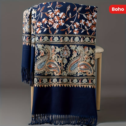 Châle en cachemire bohème pour femme – Broderie cachemire vintage avec pompons, étole légère et chaude pour le printemps et l'automne, 6 couleurs, lavable à la main, pour tenues décontractées et habillées