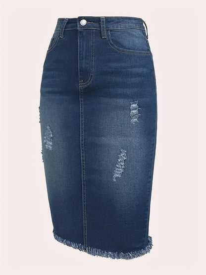 Jupe midi vintage taille haute en jean pour femme – Stretch, ourlet franc, aspect vieilli, lavable en machine, non transparente, bleu océan, tailles XS-XXL, jupe décontractée pour printemps, été et automne
