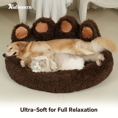 Lit pour chien et chat en forme de patte d'ours – Coussin rond apaisant, chaud et doux en peluche pour animal de compagnie avec foulard bonus, S M L XL 2XL Café Rose Gris Marron pour chiens et chats de petite, moyenne et grande taille