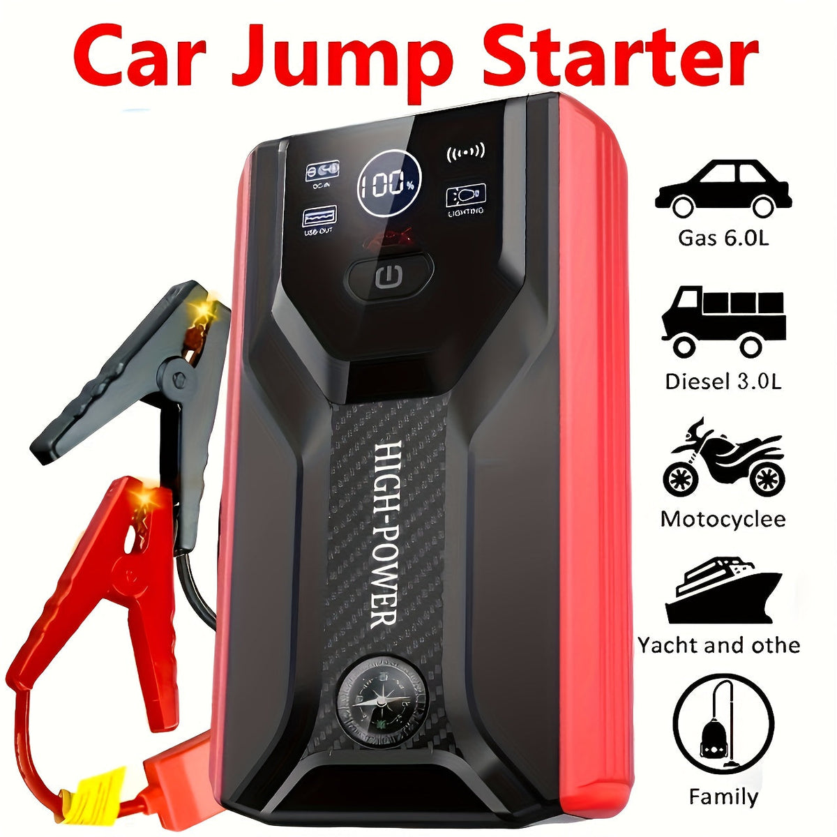 Démarreur de batterie portable pour voiture 2000 A – Booster sans fil 12 V pour démarrage rapide de moteurs essence (8,0 L) et diesel (6,5 L) avec entrée/sortie USB, lampe d'urgence LED – Accessoire auto et outil d'urgence