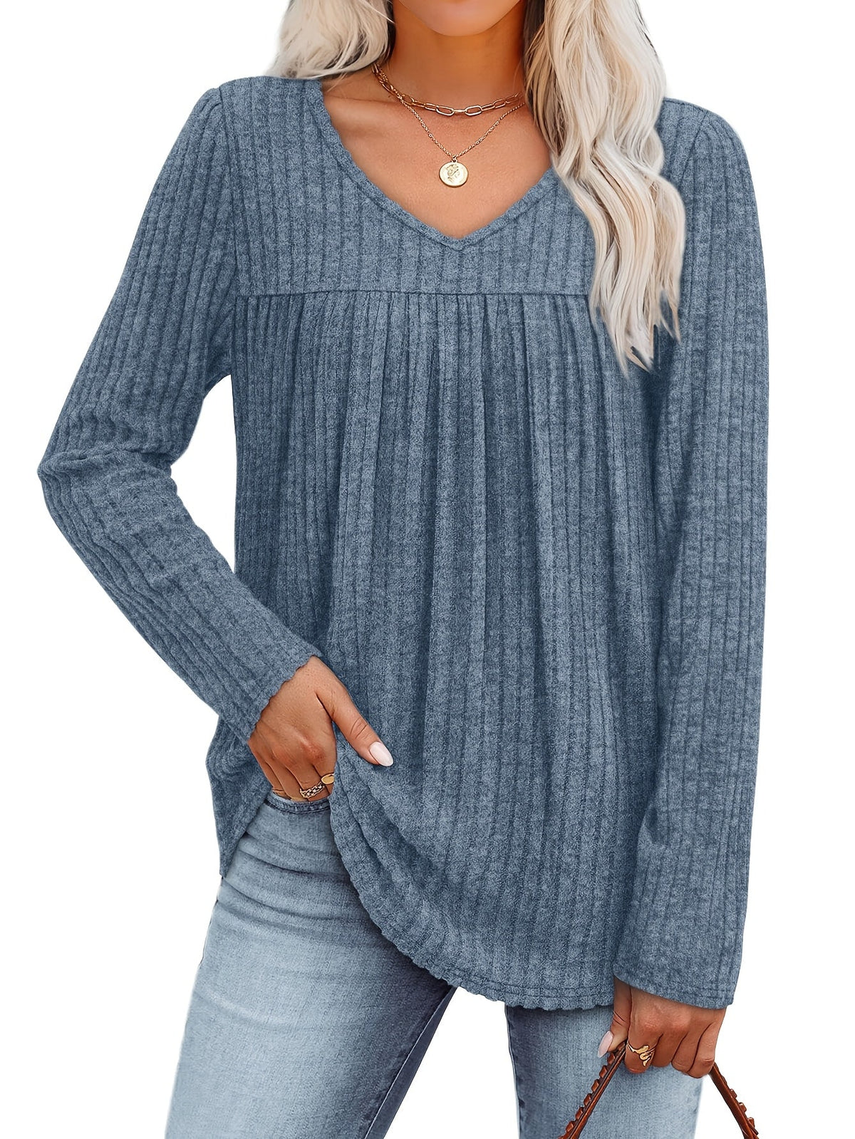 Haut-pull à manches longues et col en V pour femme – Chemisier décontracté et léger à pli frontal, chemise élégante et ample, plusieurs couleurs, tailles S à XXL