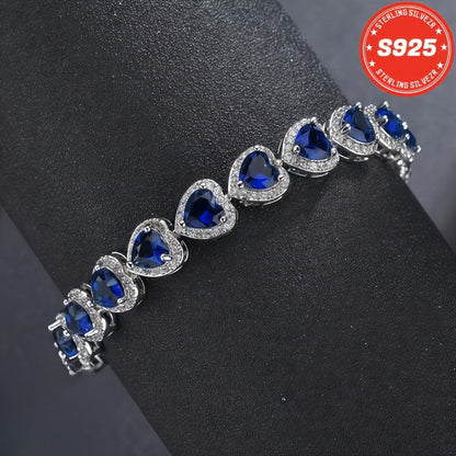 Bracelet pour femme en argent sterling S925, cœur bleu en moissanite complète – Style élégant et luxueux, cadeau idéal pour une sœur, une mère, un anniversaire, la Saint-Valentin et Noël