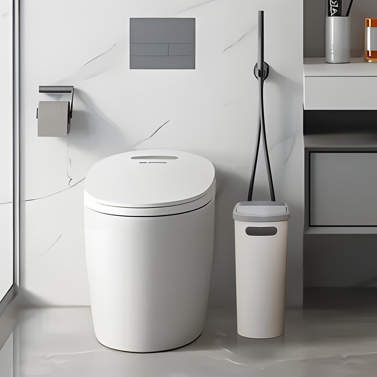 Petite poubelle de salle de bain avec poignées intégrées, lot de 1 ou 2 – Corbeille à papier en plastique antirouille, design gain de place pour salle de bain, buanderie et bureau, sacs poubelle inclus