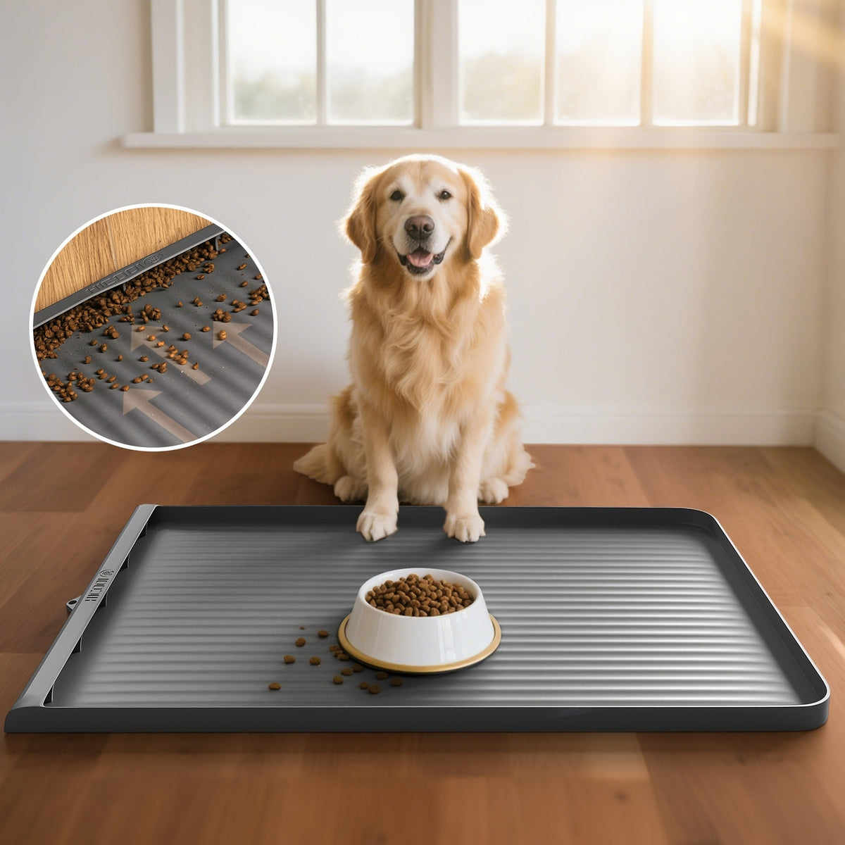 Tapis d'alimentation imperméable pour animaux 91 x 61 cm – Grand tapis antidérapant pour nourriture pour chien et chat – Bords surélevés, rainures de dérivation, facile à nettoyer, tapis de gamelle pour nourriture et eau, gris
