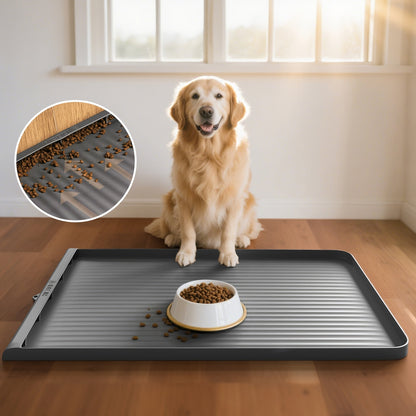 Tapis d'alimentation imperméable pour animaux 91 x 61 cm – Grand tapis antidérapant pour nourriture pour chien et chat – Bords surélevés, rainures de dérivation, facile à nettoyer, tapis de gamelle pour nourriture et eau, gris