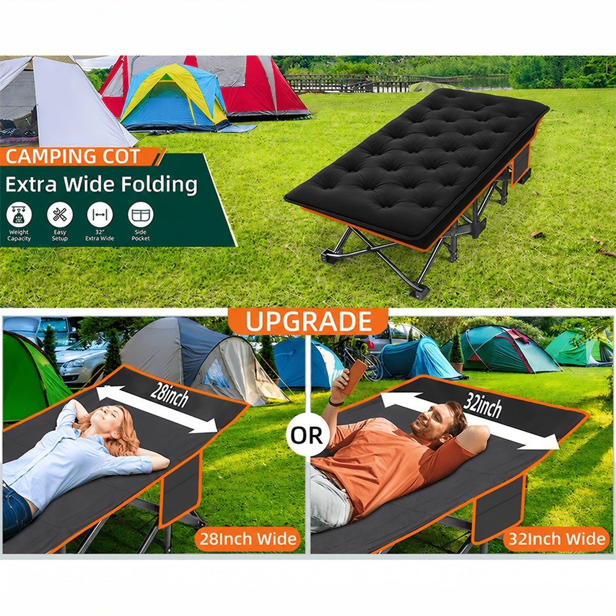 Lit pliant ultra-résistant supportant jusqu’à 285 kg avec matelas en option – Lit de camp portable avec pieds de support multiples, poches latérales et oreiller, lit d'appoint toutes saisons de 150 à 195 cm, peu encombrant