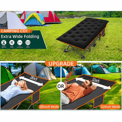 Lit pliant ultra-résistant supportant jusqu’à 285 kg avec matelas en option – Lit de camp portable avec pieds de support multiples, poches latérales et oreiller, lit d'appoint toutes saisons de 150 à 195 cm, peu encombrant