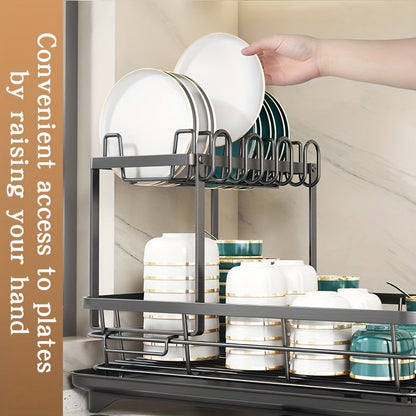 Égouttoir à vaisselle en métal à 2 niveaux avec porte-couverts, porte-gobelets et plateau d'égouttage antirouille – Égouttoir compact pour plan de travail de cuisine, égouttoir en acier durable pour tous types de surfaces