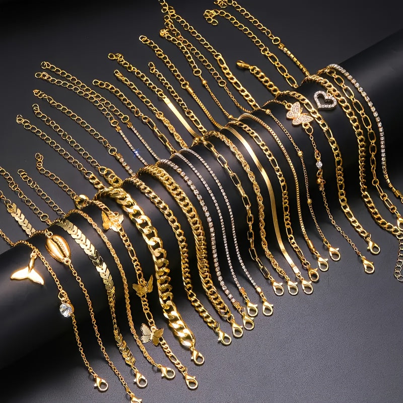 Lot de 22 bracelets de cheville superposés pour femme – Bijoux bohèmes vintage couleur or avec papillons et cœurs en strass, chaînes torsadées à breloques pour plage, fête, vacances, rendez-vous et cadeau