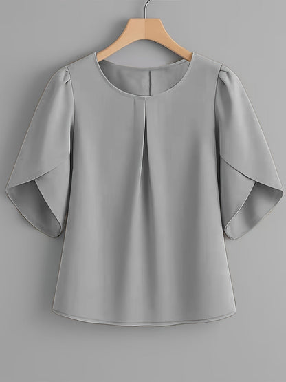 Chemisier femme à manches courtes, col rond, poignets à volants et plis sur la poitrine – Haut élégant en tissu 100 % polyester, semi-transparent, avec manches fendues