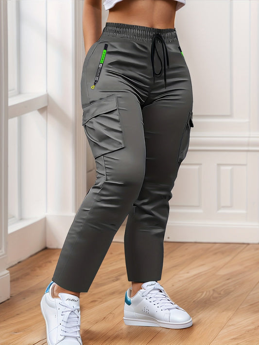 Women's Multi-Pocket Cargo Pants – Neon Green Zipper Accents, Drawstring Waist, Full-Length Outdoor Travel Trousers, 4 Colors, Sizes XS-XXL, Spring Fall Casual Streetwear