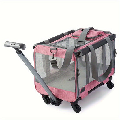 Portable Pet Stroller Carrier with Aluminum Frame & Wheels - Travel Luggage Style Rolling Pet Carrier for Cats Small Dogs with Pull Handle Stress-Resistant Plastic Shell - Pink Blue