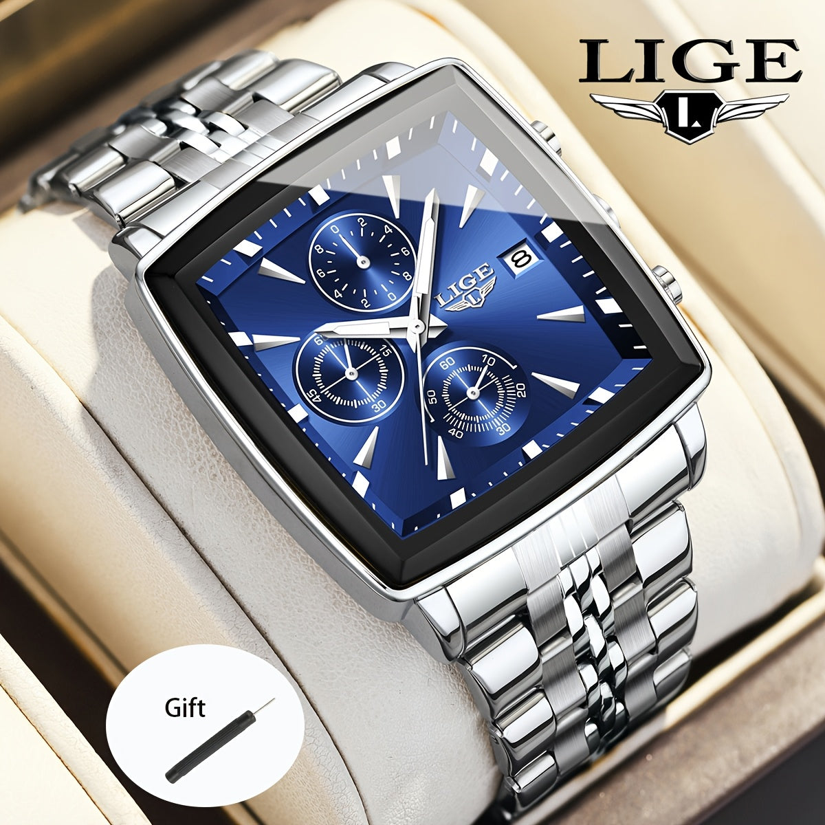 Montre à quartz analogique carrée pour homme LIGE – Bracelet en acier inoxydable, affichage du calendrier, montre-bracelet style sport preppy pour hommes et adolescents, 8 options de couleur, cadeau d'anniversaire ou de remise de diplôme bleu noir doré