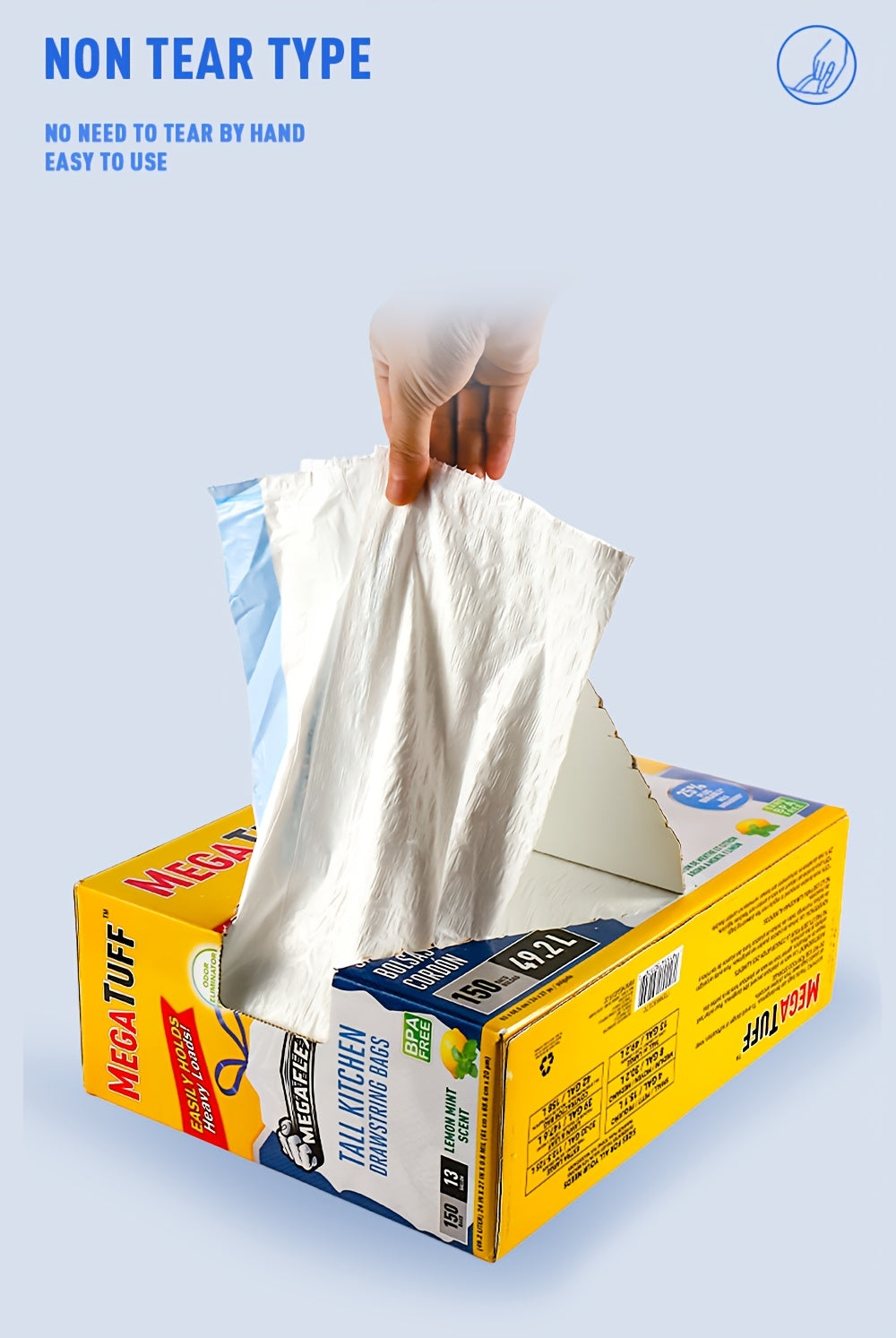 Sacs poubelle de cuisine de 50 litres avec liens coulissants et neutralisateur d'odeurs – Sacs jetables résistants aux perforations et aux déchirures, parfum frais menthe et citron, disponibles en boîtes de 78 et 150 unités