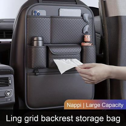 Organisateur de dossier de siège auto en cuir PU, grand sac de rangement multi-poches pour bouteilles d'eau, tablettes et ordinateurs portables – Organisateur d'intérieur de voiture élégant, noir classique, pour voitures, SUV et camions