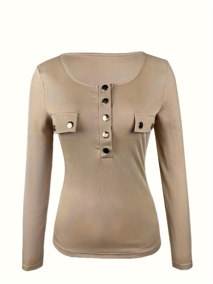 Haut à manches longues en maille côtelée pour femme, col rond, détails boutonnés, coupe ajustée, t-shirt stretch, style chic décontracté, basique automne-hiver, abricot, S-XL