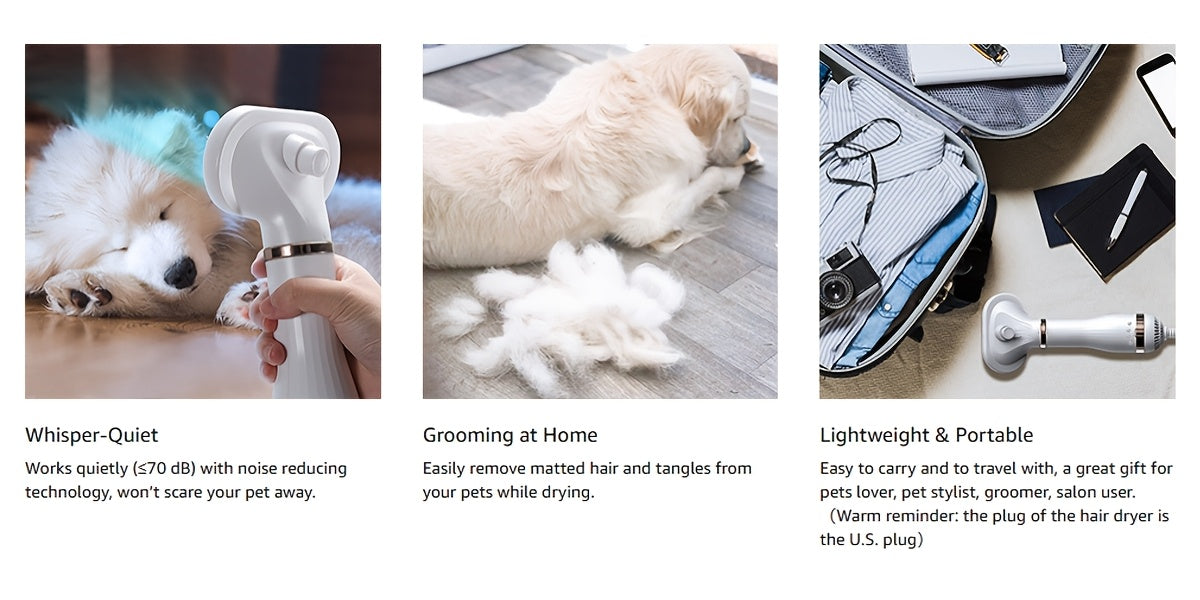 Sèche-poils pour animaux 2-en-1 avec brosse carde autonettoyante – Séchoir de toilettage portable pour chiens et chats, 3 réglages de température, silencieux, poils en acier inoxydable, outil de toilettage pour la maison et les voyages