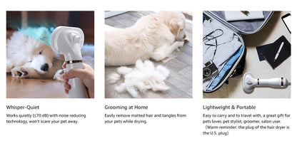 Sèche-poils pour animaux 2-en-1 avec brosse carde autonettoyante – Séchoir de toilettage portable pour chiens et chats, 3 réglages de température, silencieux, poils en acier inoxydable, outil de toilettage pour la maison et les voyages