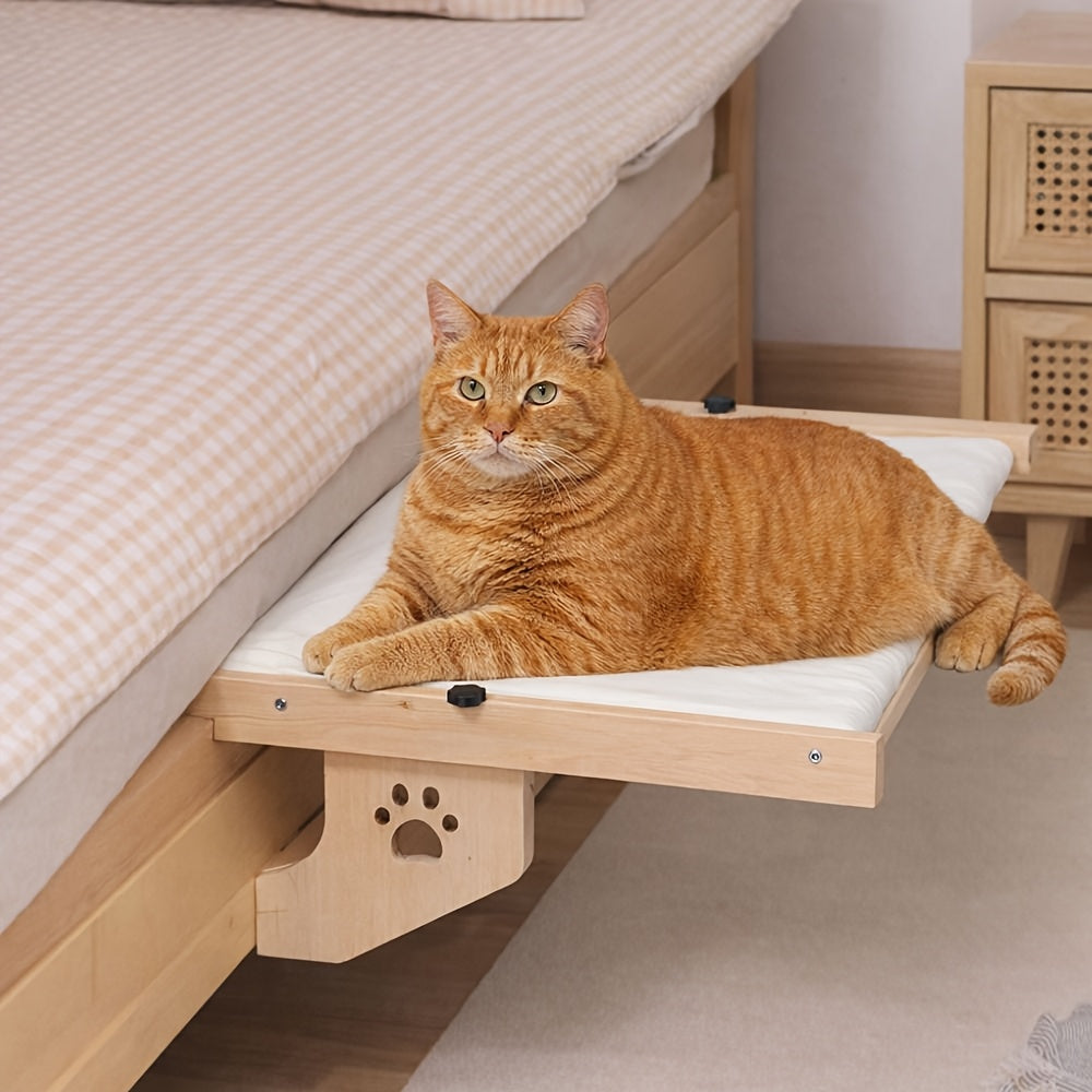 Perchoir et hamac pour chat en bois haut de gamme – Robuste, supporte jusqu'à 18 kg, fixation multi-emplacement pour fenêtre, mur et placard, plateforme extra-large avec coussin moelleux, sans danger pour les grands chats