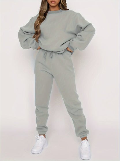 Ensemble deux pièces pour femme : sweat-shirt à col rond et pantalon de jogging décontracté avec taille élastique à cordon de serrage, beige, gris, noir, bleu marine, café, S-XXL
