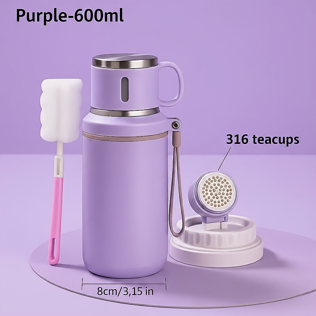 Gobelet isotherme en acier inoxydable de 600 ml, double paroi sous vide, couvercle étanche avec poignée, brosse de nettoyage incluse, pour boissons chaudes et froides, voyage, bureau, salle de sport, bouteille d'eau extérieure, 20 oz